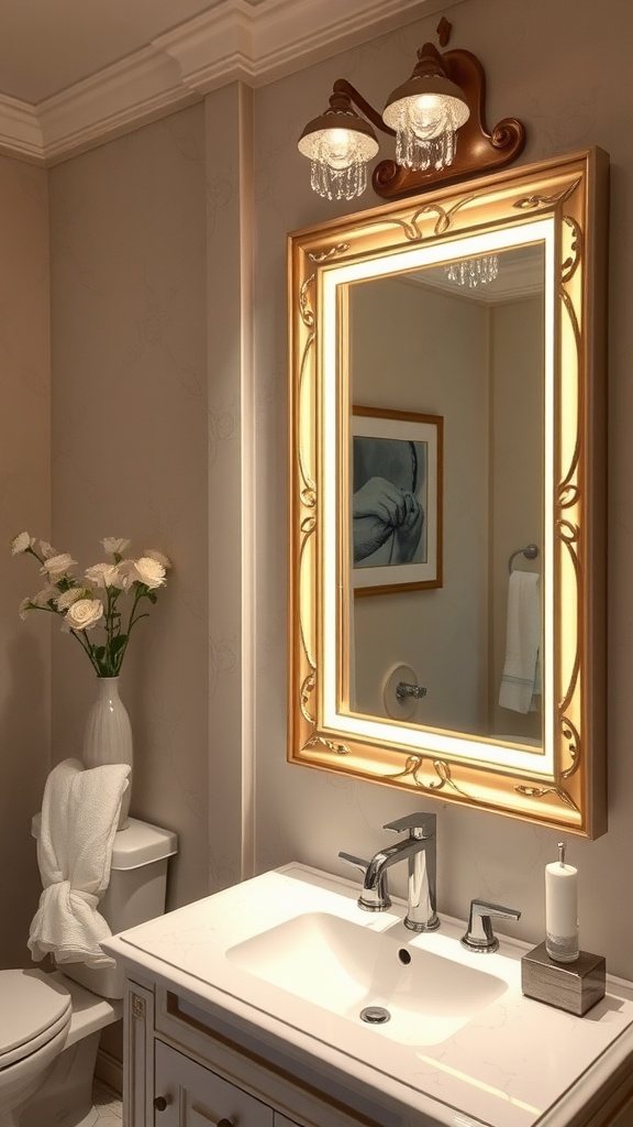 A beautifully framed mirror with lighting above it, enhancing the bathroom's decor.