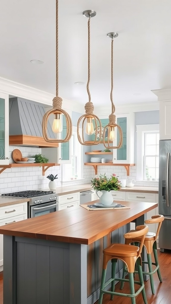A kitchen with nautical rope-wrapped pendant lights hanging above a wooden island.