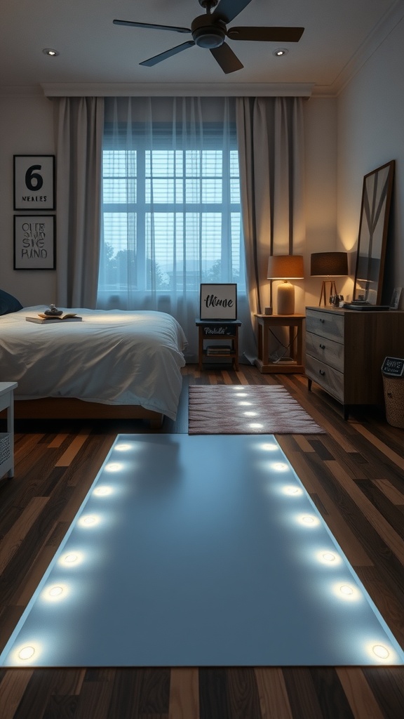 A bedroom with a night-sensitive LED pathway lighting up the floor, leading from the bed to a bright window.