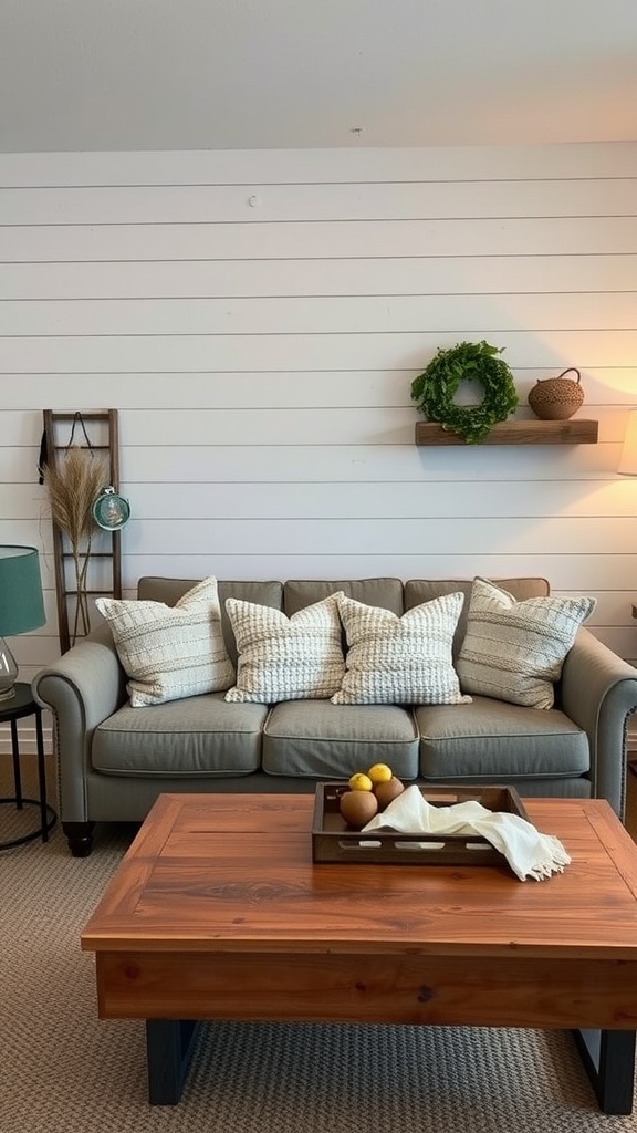 Cozy living room with shiplap walls, gray sofa, wooden coffee table, and decorative accents.