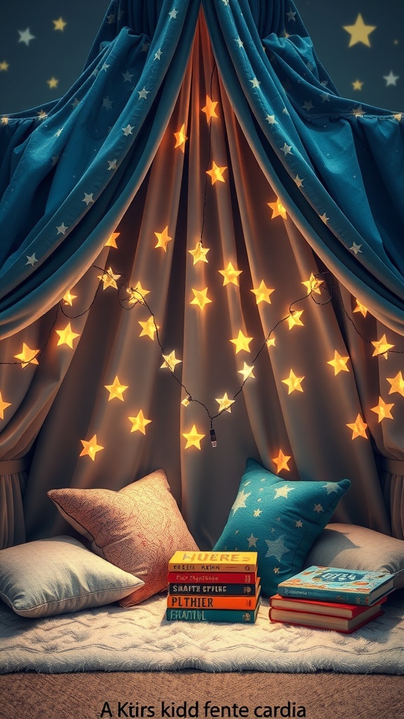 Cozy reading nook with star lights and colorful pillows.