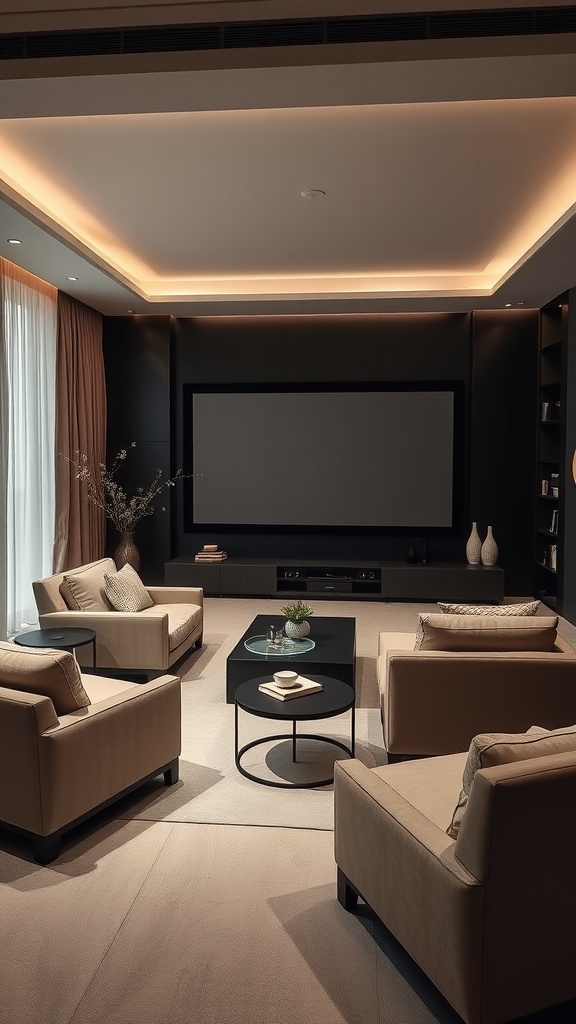 A modern media room featuring neutral colors, comfortable seating, and a large screen.