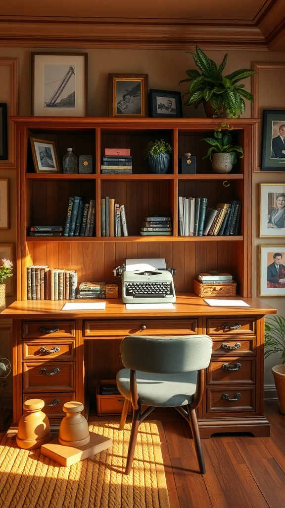 A traditional office setup featuring a wooden desk with a typewriter, books, and personal decorations.
