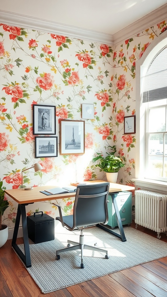 A workspace featuring vintage floral wallpaper with a wooden desk and chair, surrounded by artwork and plants.