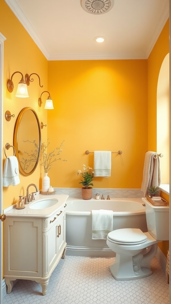 A bright yellow-gold bathroom with elegant fixtures, a tub, and soft towels.