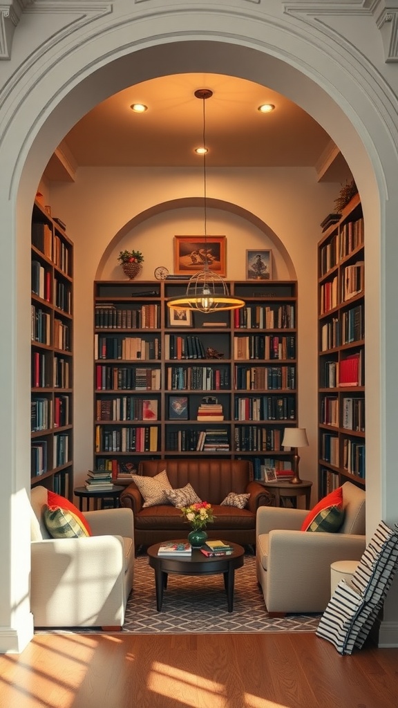 Cozy library room with arched alcove, bookshelves, and comfortable seating