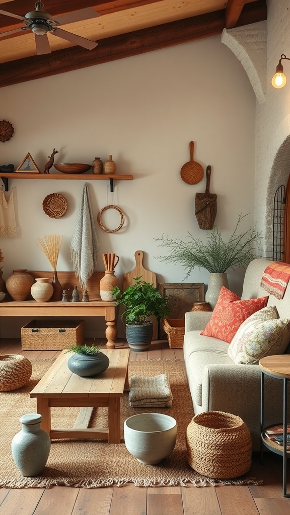 A rustic farmhouse living room featuring artisanal accents with handmade pottery, woven baskets, and plants.