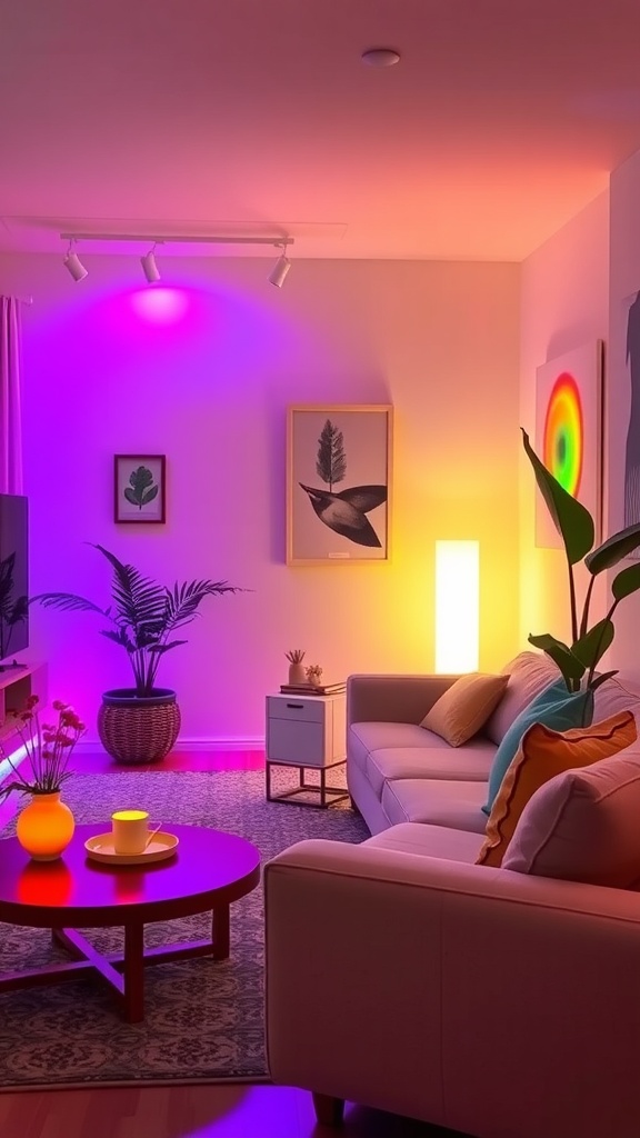 Living room with colorful lighting accents and cozy decor