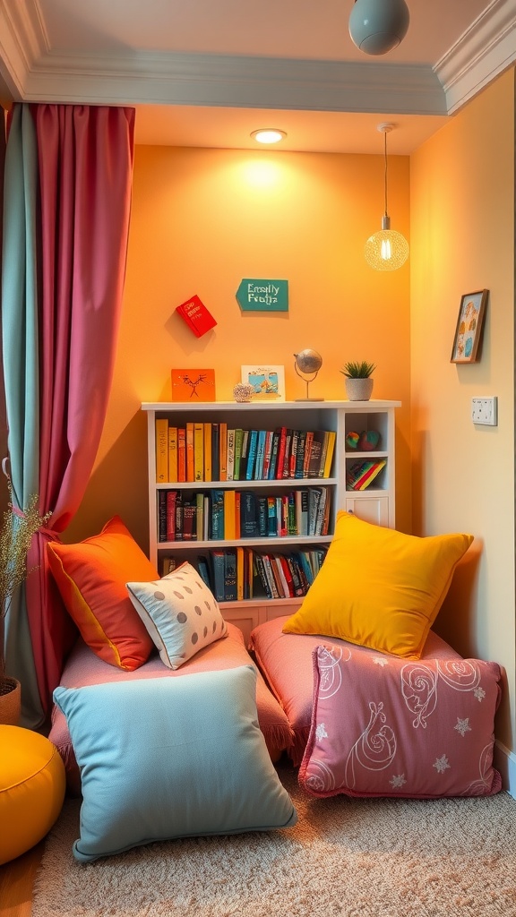 A cozy reading nook with colorful cushions and a well-organized bookshelf.