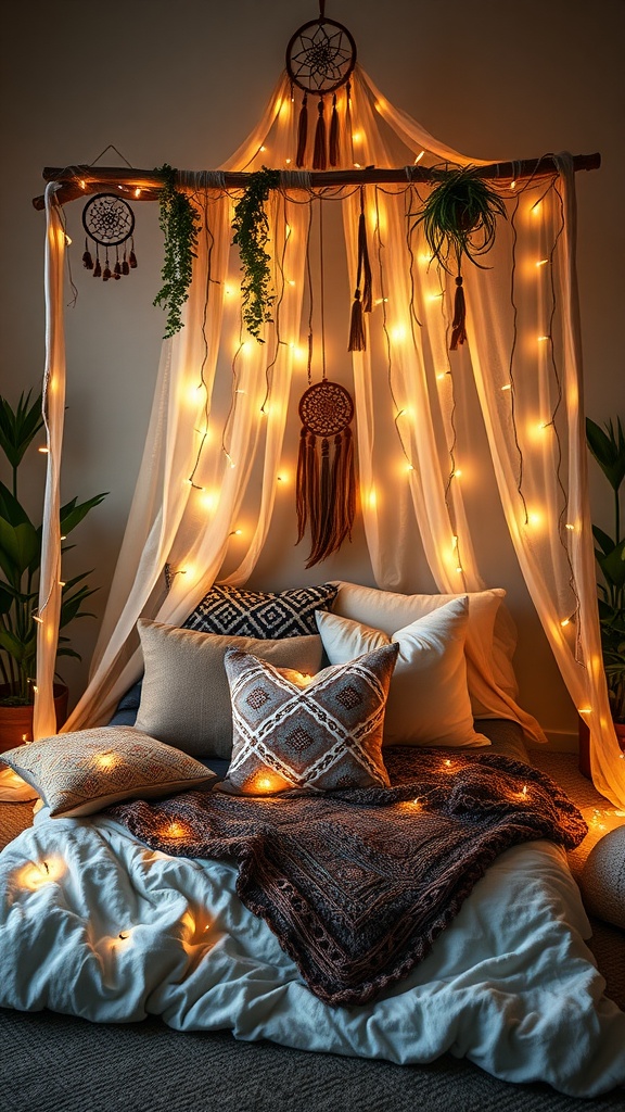 A cozy boho bed with a fairy light canopy, decorated with dreamcatchers and plants.