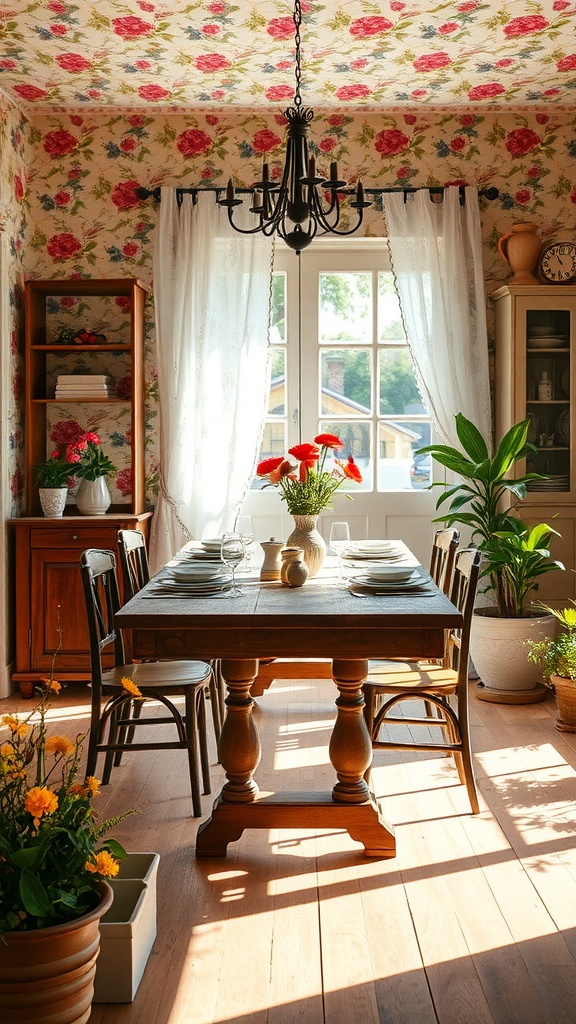Cozy Cottagecore dining room with floral wallpaper and wooden table