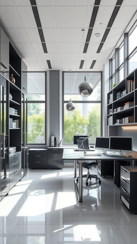 Modern office interior with sleek design and ample natural light