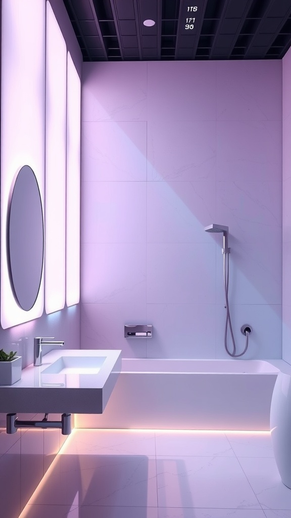 A modern bathroom featuring futuristic light panels illuminating the space with a soft glow.