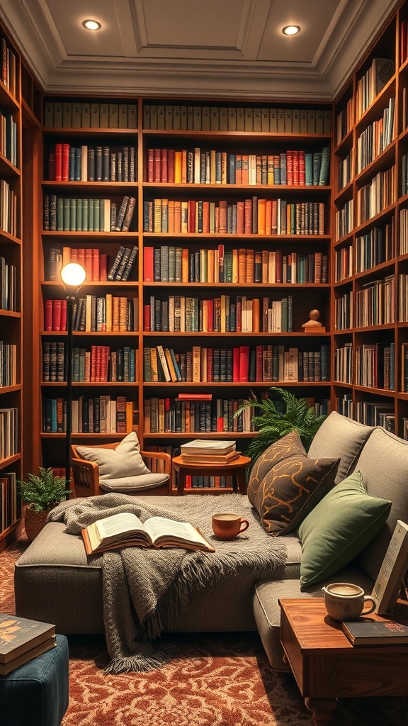 Cozy home library with bookshelves, a comfortable couch, and warm lighting.