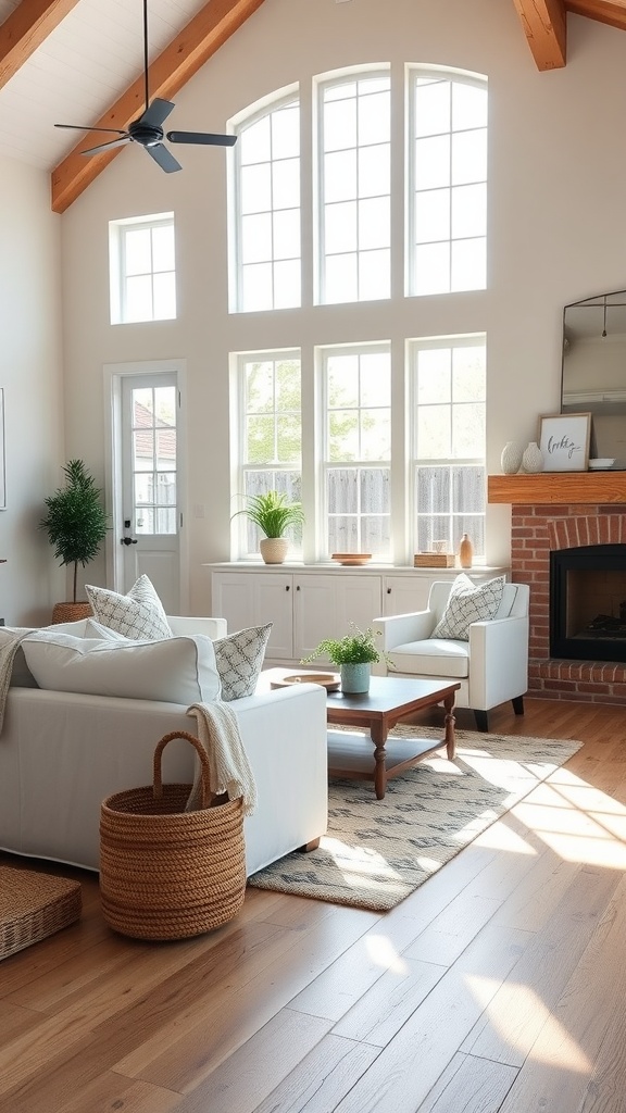 A modern farmhouse living room featuring white furniture, natural light, and milk paint finished accents.