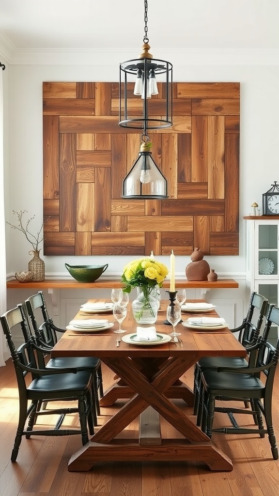 A farmhouse dining room featuring a reclaimed wood wall art, wooden dining table, and black chairs.