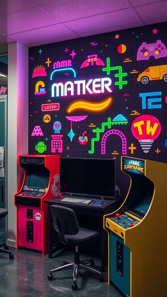 An office space featuring a vibrant accent wall inspired by retro arcade games, with colorful graphics and arcade machines.