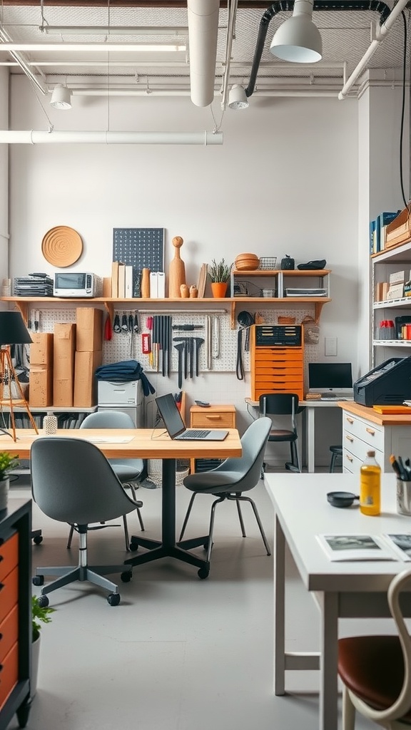 A bright and organized workshop featuring wooden work surfaces, colorful storage units, and modern chairs.