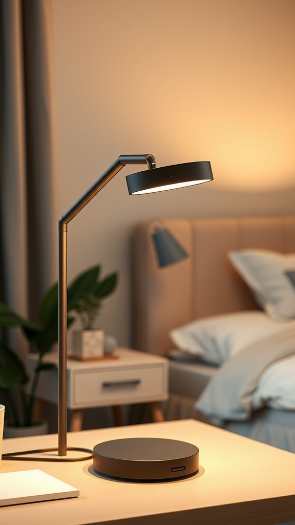 A modern LED desk lamp with an adjustable arm on a wooden nightstand, featuring a wireless charging pad.