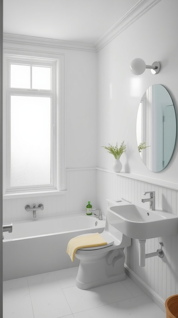 A modern bathroom with white walls and blue undertones, featuring a bathtub, sink, and natural light.