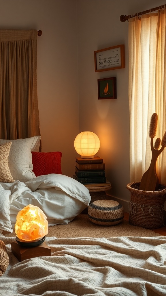 Cozy boho bedroom with a Himalayan salt lamp and soft bedding.