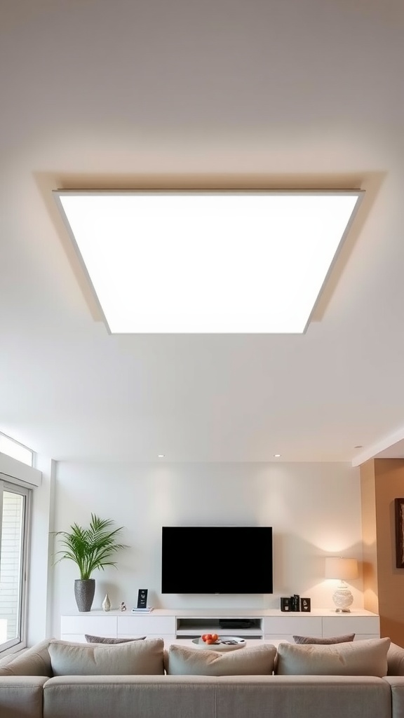 A bright, rectangular LED panel light mounted on a ceiling in a modern living room setting.