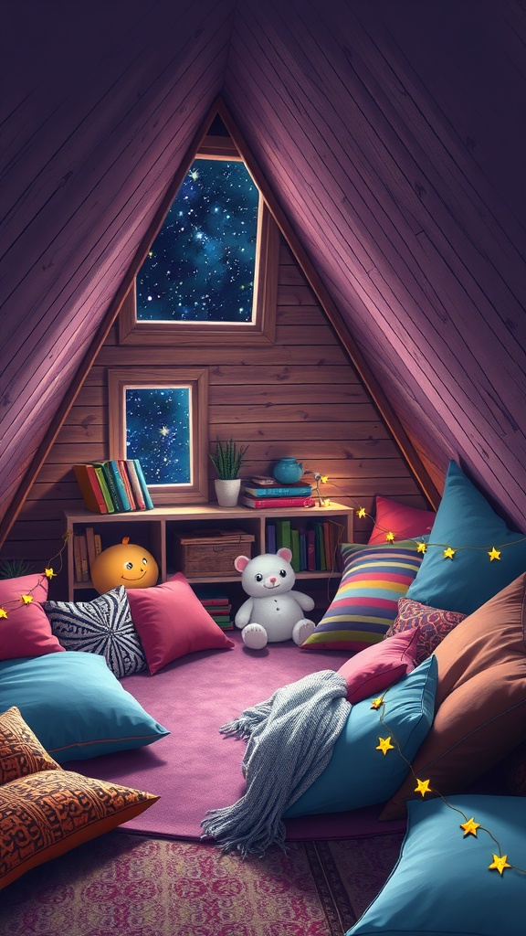 Cozy attic reading nook with pillows, books, and starry view.