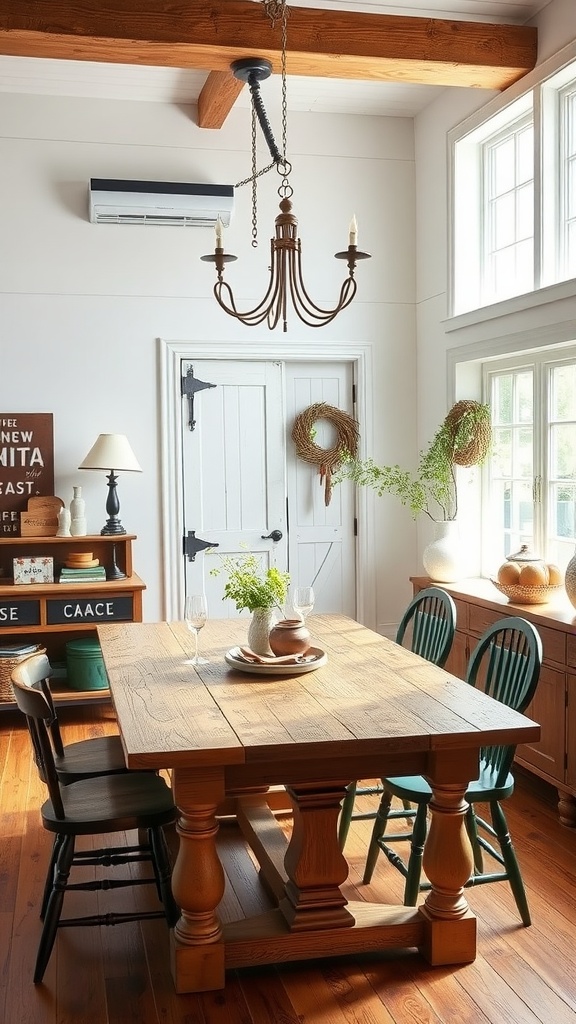 A cozy farmhouse dining room featuring a barn door, a wooden table, and green and black chairs.