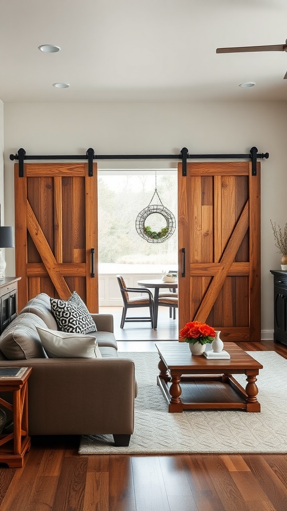 Modern farmhouse living room featuring barn doors as interior sliders