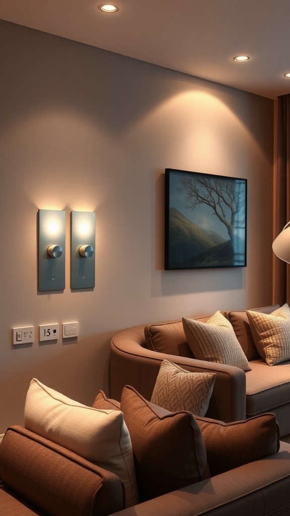 Cozy living area with stylish wall sconces and recessed lighting.
