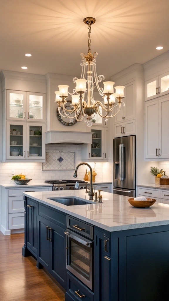 A classic chandelier hanging in a beautifully designed kitchen, illuminating the space with soft light.