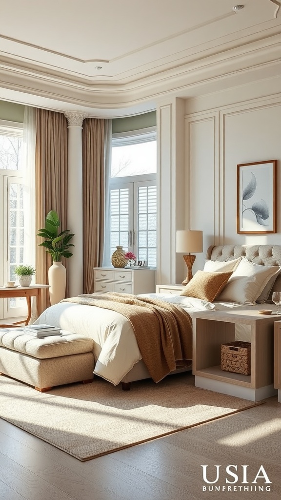 A contemporary classic bedroom featuring soft neutral colors, large windows, a cozy bed with plush linens, a wooden furniture set, and tasteful decor.