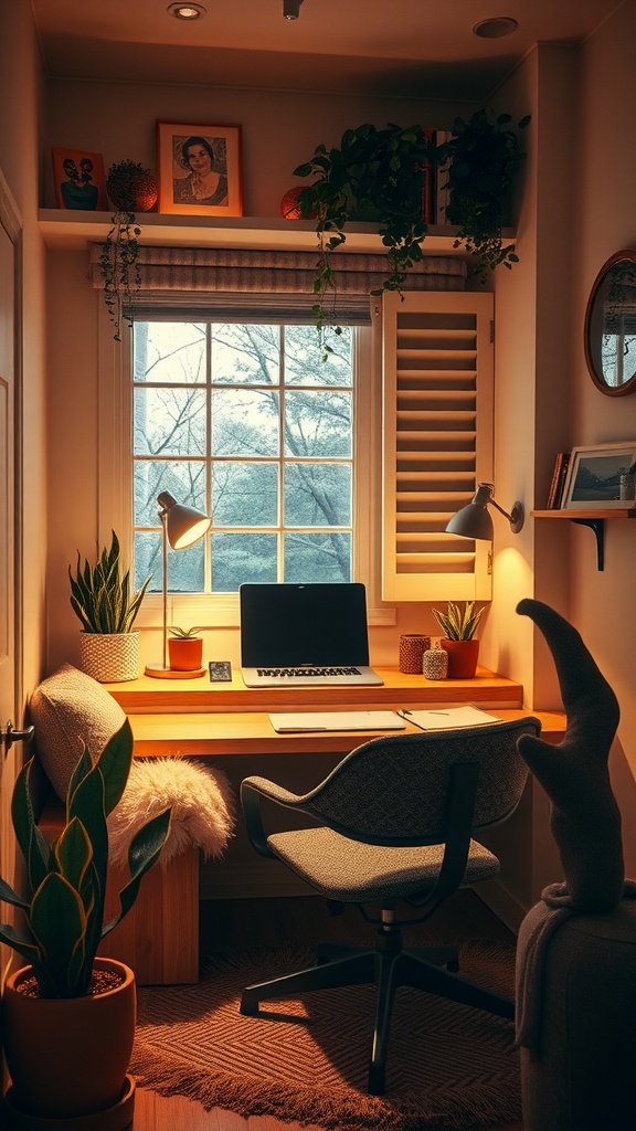 A cozy work alcove with a wooden desk, laptop, and plants by a window.
