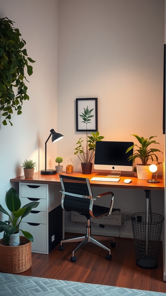 A cozy home office nook with a wooden desk, black chair, plants, and a lamp