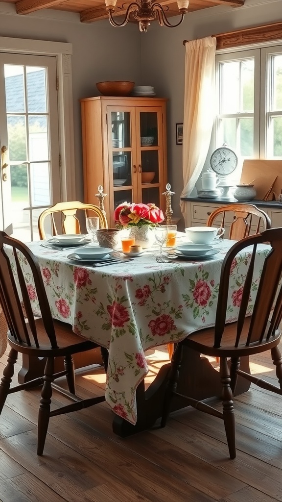 A cozy dining room featuring a floral tablecloth on a wooden table, surrounded by chairs. Natural light streams in through the windows, illuminating a charming setting.