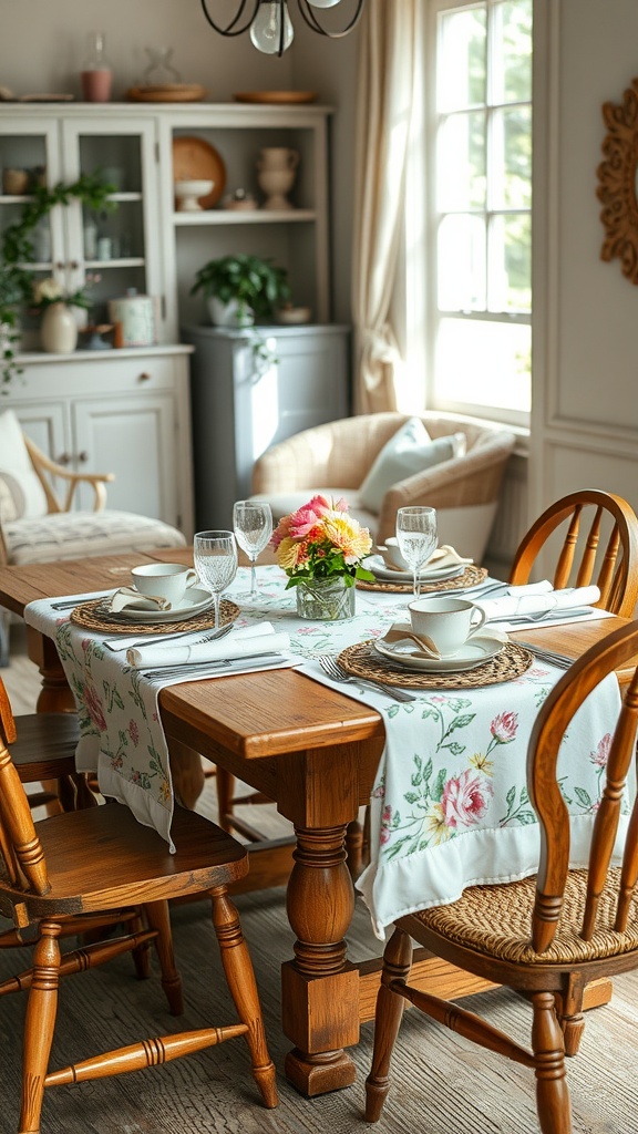 A cozy dining room featuring a wooden table set with floral napkins and dishes, surrounded by wooden chairs.