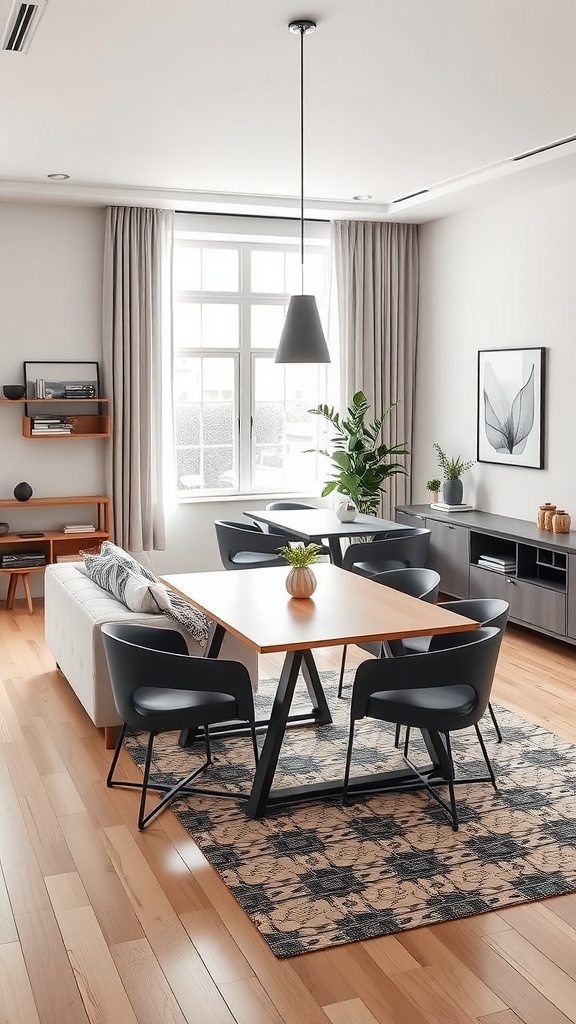 A stylish living room-dining room combo featuring a modern dining table with chairs, a cozy sofa, and large windows.