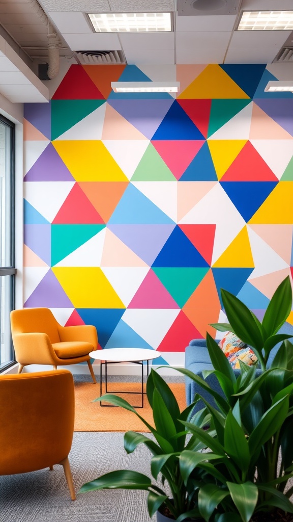 A colorful geometric pattern accent wall in an office setting with modern furniture and indoor plants.