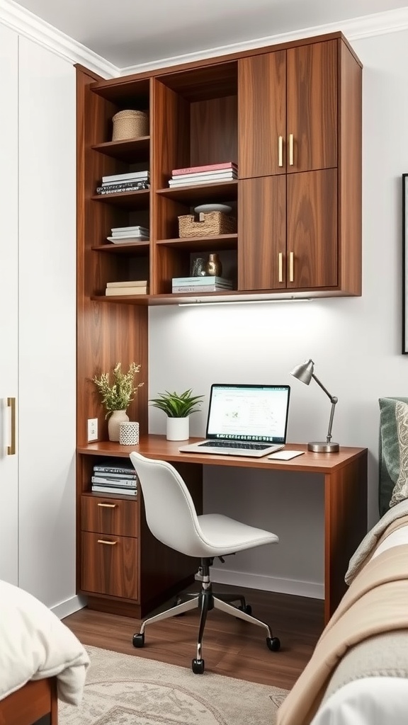 A stylish home office setup in a guest bedroom featuring ample storage solutions.
