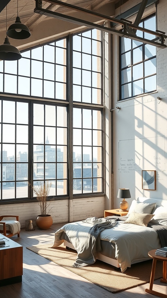 A modern industrial bedroom featuring large factory-style windows that let in natural light.