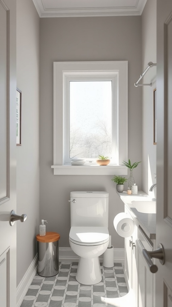 A small bathroom with light gray walls, white toilet, and simple decor.