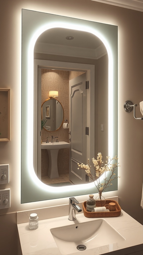 Illuminated mirror in a stylish bathroom