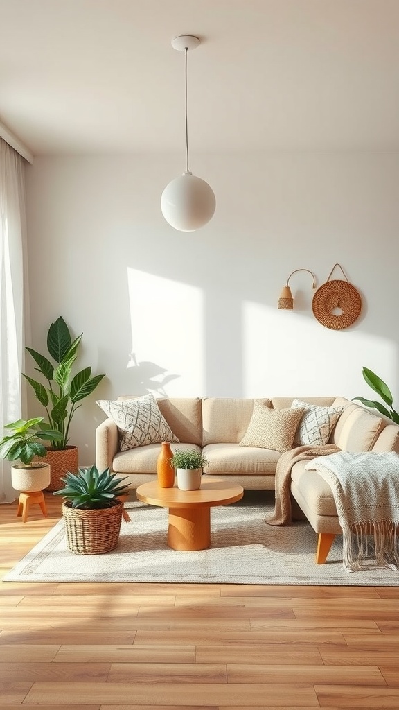 A cozy modern boho living room featuring a beige sofa, plants, a wooden coffee table, and soft lighting.