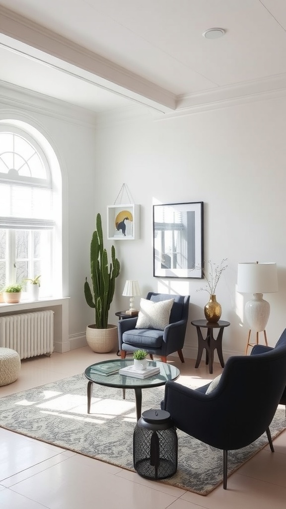 A well-lit room featuring Sherwin Williams Pure White walls, navy chairs, and a green cactus.