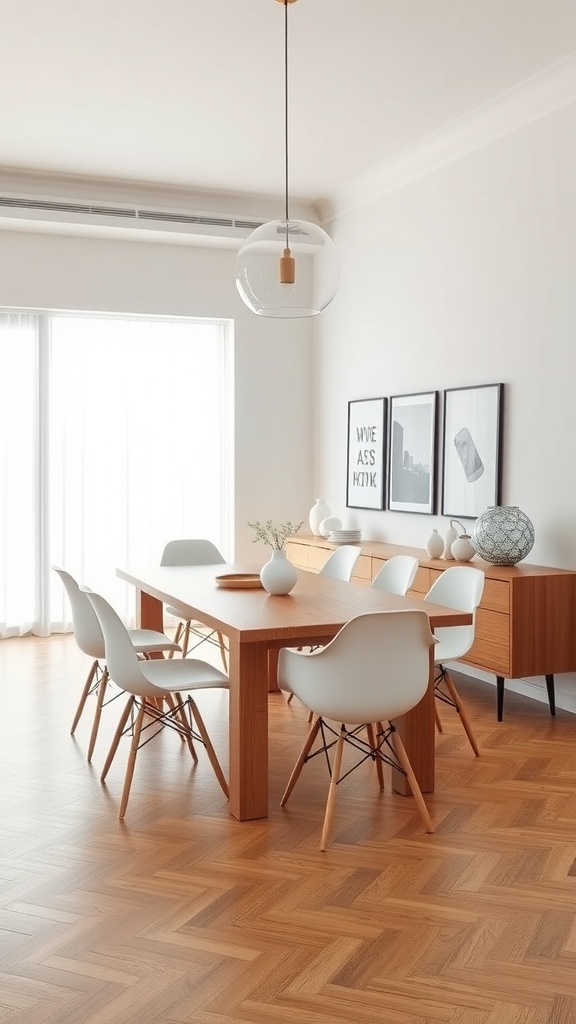 A sleek minimalist dining room featuring a wooden table, white chairs, and a stylish light fixture