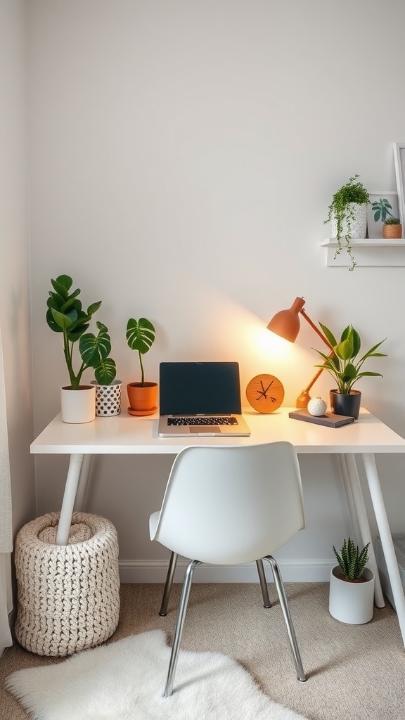 Cozy small space desk setup with plants, laptop, and warm lighting