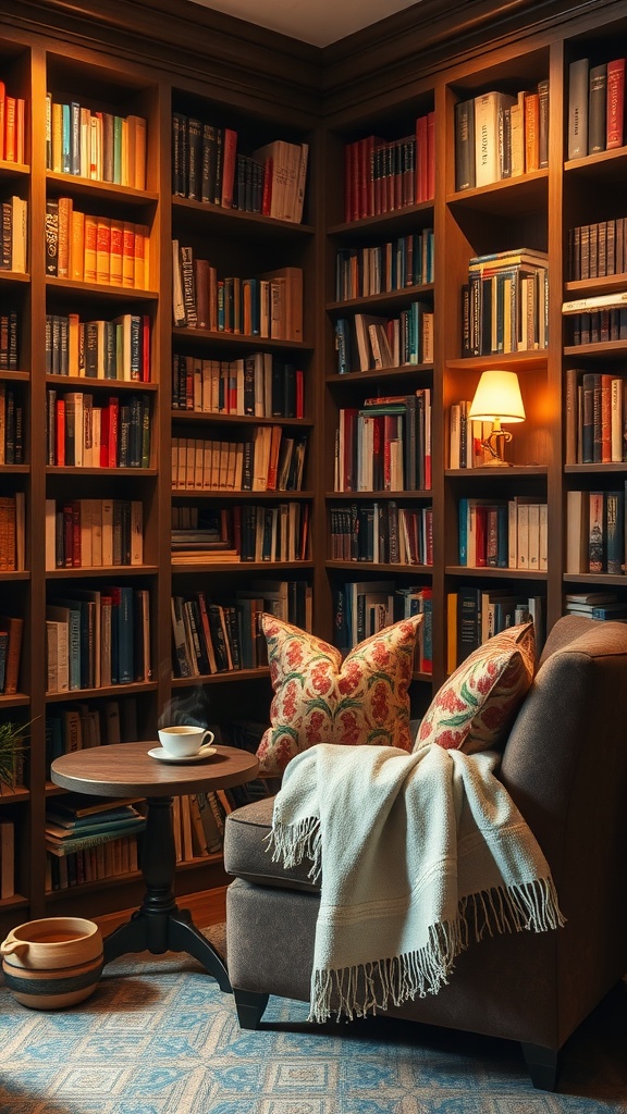 A cozy reading corner with bookshelves, a comfy chair, and a cup of coffee