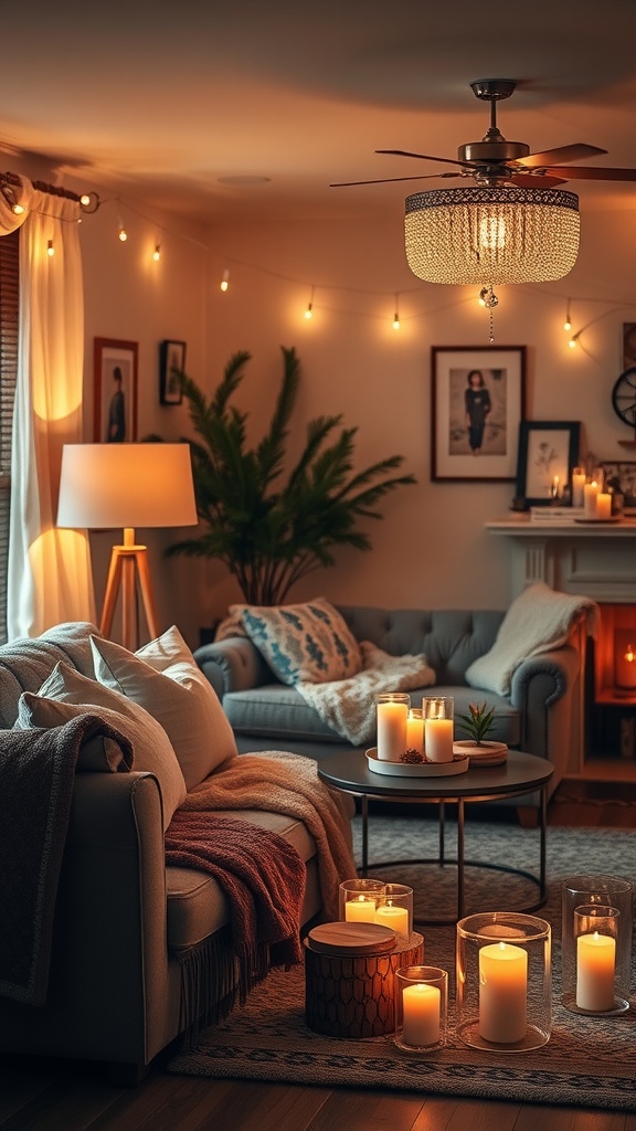 Cozy living room with soft ambient lighting, featuring candles, string lights, and comfortable furniture.