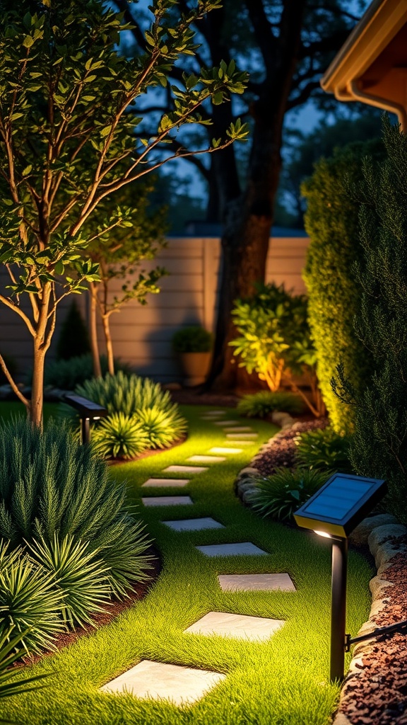 A well-lit garden path featuring Solvao Solar Spot Lights illuminating stone stepping stones surrounded by lush greenery.