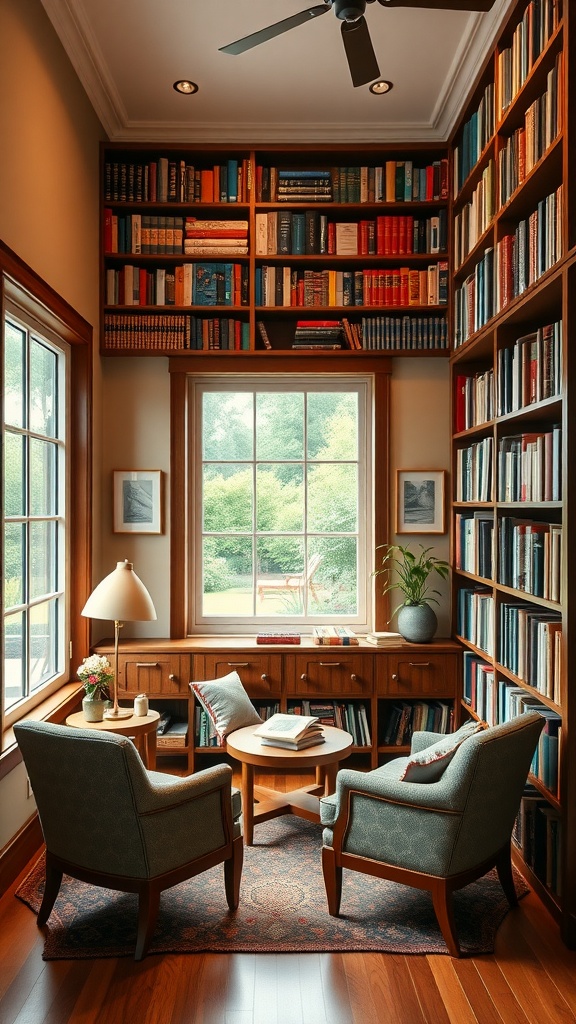 A cozy home library with wooden shelves filled with books, two comfortable chairs, and a window letting in natural light.